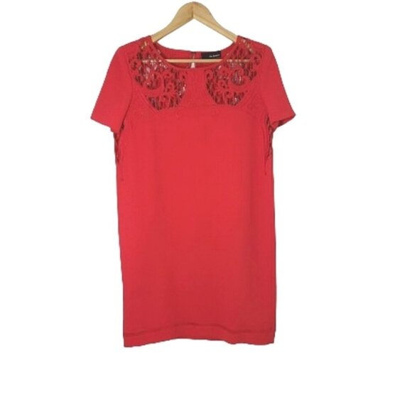 THE KOOPLES Red Short Sleeve Embroidered Lace Mini Shift Dress Women's Size M - Picture 4 of 16